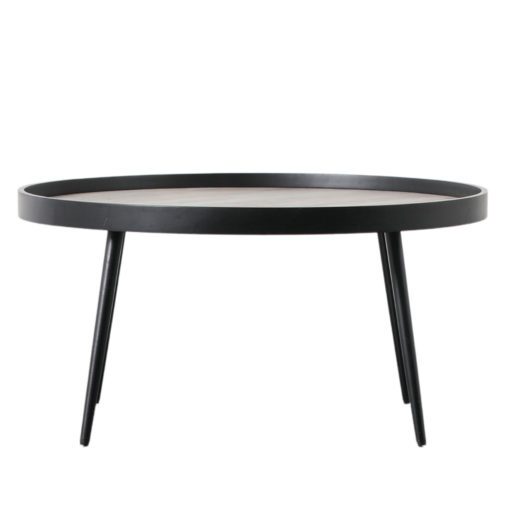 round black metal coffee table with faux timber inlay