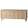 oak sideboard with a chevron inlay pattern to front with two cupboards, three drawers and tapered legs