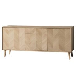 oak sideboard with a chevron inlay pattern to front with two cupboards, three drawers and tapered legs