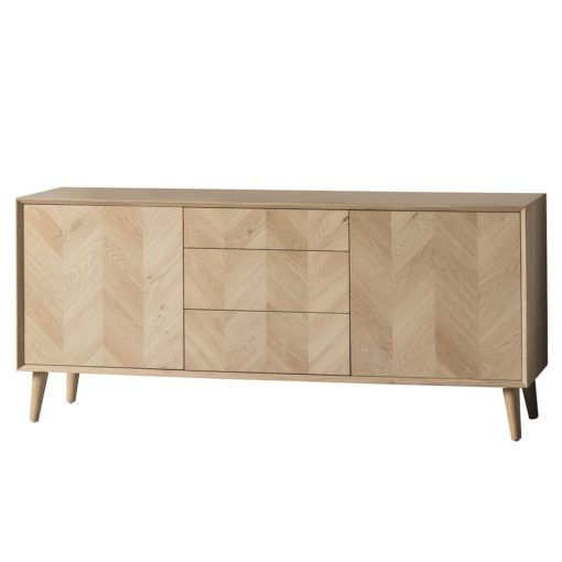 oak sideboard with a chevron inlay pattern to front with two cupboards, three drawers and tapered legs