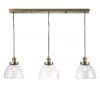 Three Pendant Linear Ceiling Light with glass domed shades and antique brass fittings