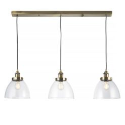 Three Pendant Linear Ceiling Light with glass domed shades and antique brass fittings
