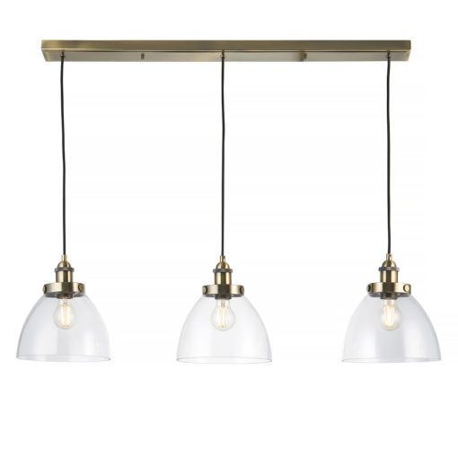 Three Pendant Linear Ceiling Light with glass domed shades and antique brass fittings