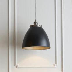 black metal industrial style pendant light with peweter fittings available in two sizes