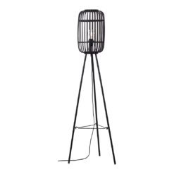 black floor lamp with a tripod base and black bamboo cage lampshade