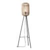 floor lamp with a black tripod base and natural bamboo cage lampshade