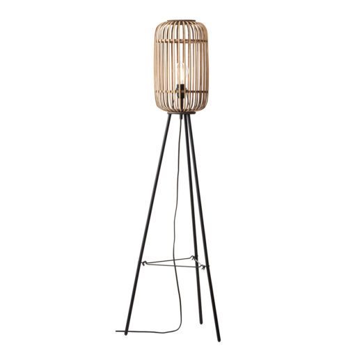floor lamp with a black tripod base and natural bamboo cage lampshade