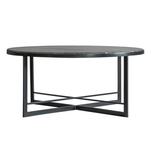 round black metal framed coffee table with black Indian marble top