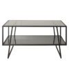 rectangular black metal framed coffee table with smoked glass top and shelf