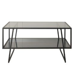 rectangular black metal framed coffee table with smoked glass top and shelf