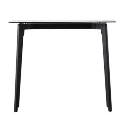 contemporary console table with slim black wooden legs and smoked glass top