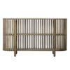 curved wooden slatted sideboard with open front and internal shelf