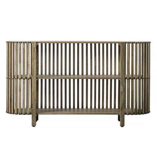 curved wooden slatted sideboard with open front and internal shelf