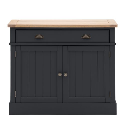 wooden two door sideboard with groove and plank oak top hand painted in a deep midnight blue finish