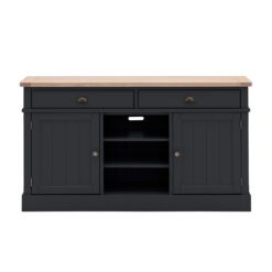 large wooden sideboard with two drawers, two cupboards and a central open shelf topped with a groove and plank oak top and hand painted in a deep midnight blue finish