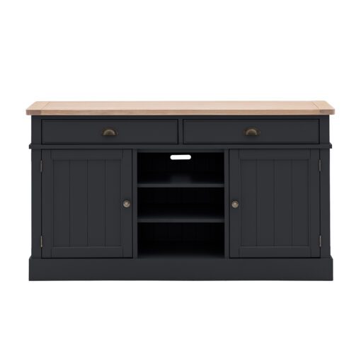 large wooden sideboard with two drawers, two cupboards and a central open shelf topped with a groove and plank oak top and hand painted in a deep midnight blue finish