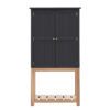 tall two-door storage cupboard sat on an open oak frame with slatted shelf with panelled doors painted in a deep midnight blue