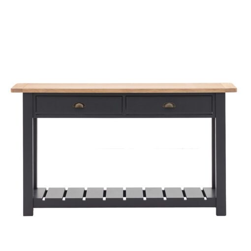 wooden console table with groove and plank oak top, two drawers with pull handles and slatted low shelf hand painted in a deep midnight blue finish