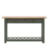 wooden console table with groove and plank oak top, two drawers with pull handles and slatted low shelf hand painted in a thyme green finish