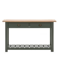 wooden console table with groove and plank oak top, two drawers with pull handles and slatted low shelf hand painted in a thyme green finish