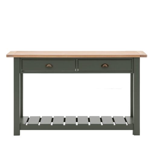 wooden console table with groove and plank oak top, two drawers with pull handles and slatted low shelf hand painted in a thyme green finish
