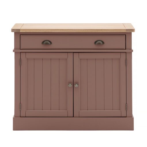 wooden two door sideboard with groove and plank oak top hand painted in a deep blush pink finish