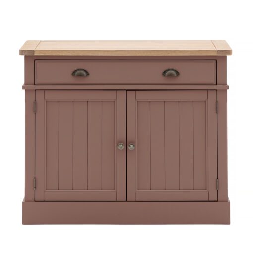 wooden two door sideboard with groove and plank oak top hand painted in a deep blush pink finish
