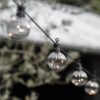 ribbed golf ball shaped, smokey bulb, black festoon lights available in two lengths of 10 and 20 bulbs