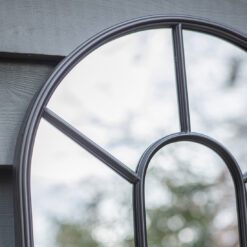 tall slim black metal arched window outdoor garden mirror