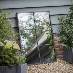 rectangular black metal framed window garden mirror with six panes