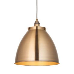 retro style domed pendant light with a brass plated finish and black flex cord