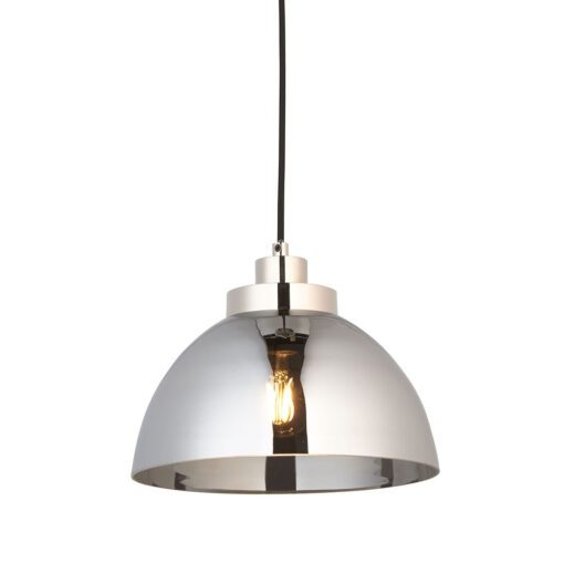 domed silver glass pendant light with a smokey mirrored tint, nickel fittings and black cord