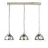 silver linear light with three domed pendant lights with a smokey mirrored tint, nickel plated fittings and black cord