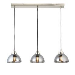 silver linear light with three domed pendant lights with a smokey mirrored tint, nickel plated fittings and black cord