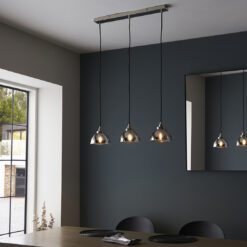 silver linear light with three domed pendant lights with a smokey mirrored tint, nickel plated fittings and black cord