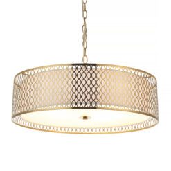 luxe gold pendant light with fretwork drum lampshade and chain cord