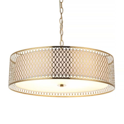 luxe gold pendant light with fretwork drum lampshade and chain cord