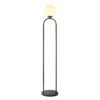 contemporary black metal floor lamp topped with a glass sphere light