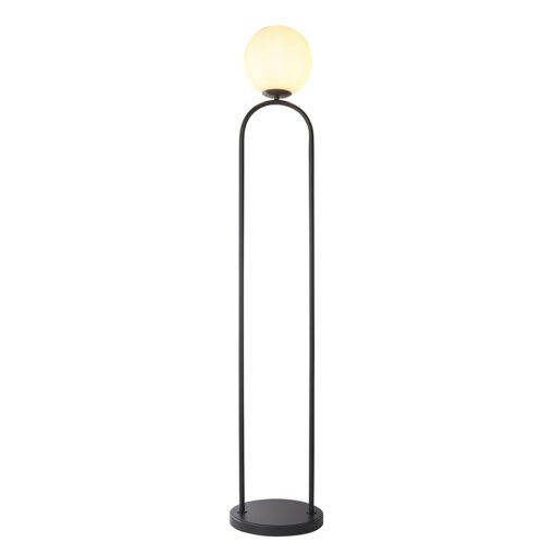 contemporary black metal floor lamp topped with a glass sphere light