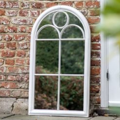 distressed vintage white arched window garden mirror with decorative detail