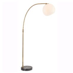 slim curved gold metal floor lamp with a circular black marble base and round opaque glass shade