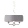 polished silver nickel three arm pendant light complete with round grey pleated lampshade