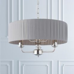 polished silver nickel three arm pendant light complete with round grey pleated lampshade