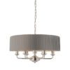 polished silver nickel six arm pendant light complete with round grey pleated lampshade