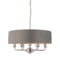 polished silver nickel six arm pendant light complete with round grey pleated lampshade