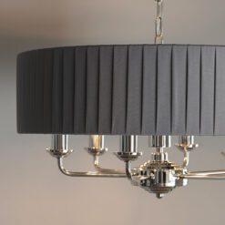 polished silver nickel six arm pendant light complete with round grey pleated lampshade