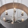 polished silver nickel six arm pendant light complete with round grey pleated lampshade