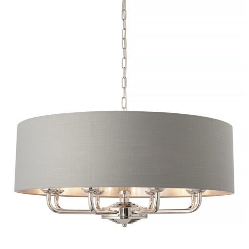 Clarabella Eight-Arm Silver Pendant Light with Grey Lampshade