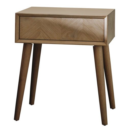 oak one drawer side table with chevron inlay detailing and slim tapered legs