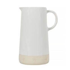 tall slim ceramic jug with a subtle white and natural two-tone glase and delicate bee design around the base